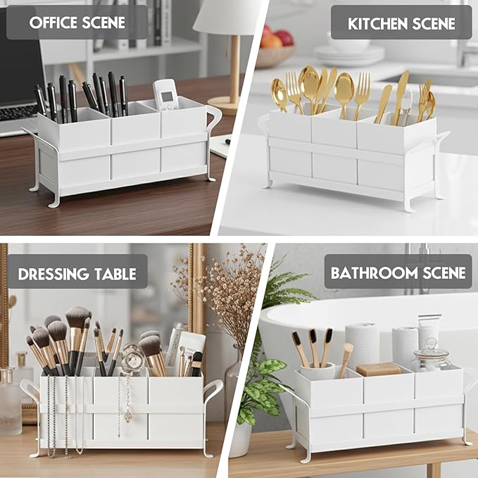 Utensil Holder Mesh Drainage Holes, 3pcs Bins Set Countertop Utensil Holder for Spoons, Forks and Knives, Cutlery Organizer Suitable for Party, Kitchen Counter, White