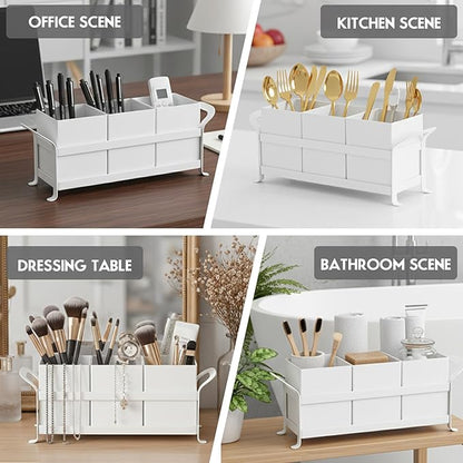 Utensil Holder Mesh Drainage Holes, 3pcs Bins Set Countertop Utensil Holder for Spoons, Forks and Knives, Cutlery Organizer Suitable for Party, Kitchen Counter, White