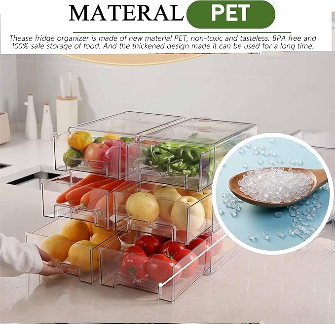 bealy 2 Pack Stackable Clear Drawer Organizer, Large Pull Out Fridge Organizers and Storage Container, Refrigerator Organizers and Storage for Fruit, Produce, Vegetables, Drinks, Snack and Food
