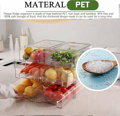 bealy 2 Pack Stackable Clear Drawer Organizer, Large Pull Out Fridge Organizers and Storage Container, Refrigerator Organizers and Storage for Fruit, Produce, Vegetables, Drinks, Snack and Food