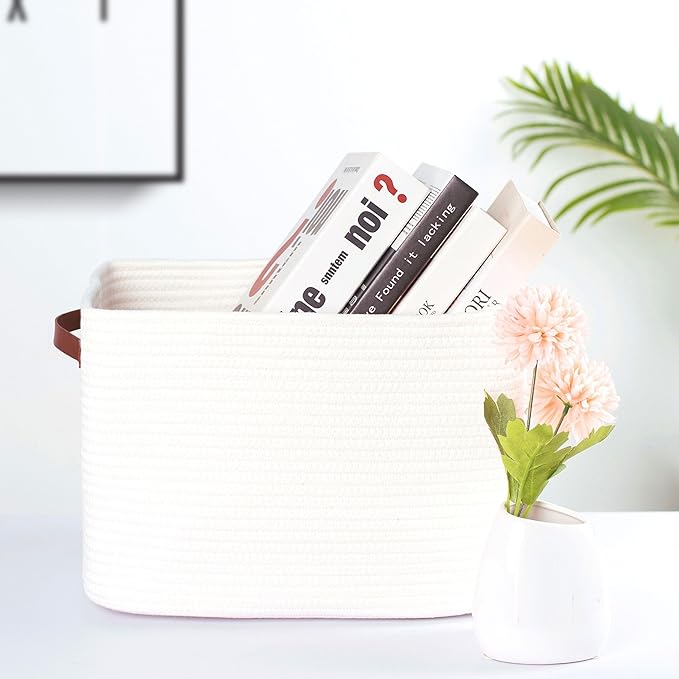 MINTWOOD Design 3-Pack Decorative Woven Storage Baskets for Shelves, Cube Bin Box for Organizing Books, Shoes, Dog Toys, Pantry Closet and Living Room Organizer, Creamy White