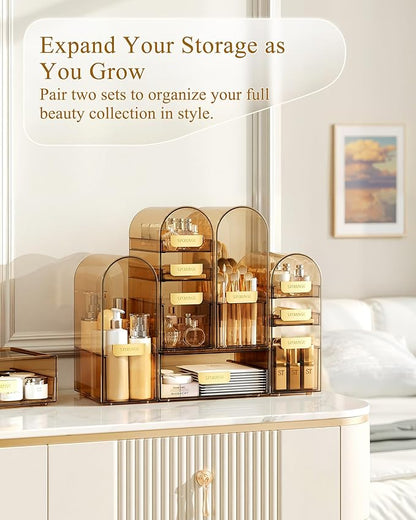 Makeup Organizer Countertop with Drawers & Lid, Skincare Organizer for Vanity, Large Cosmetic Organizer & Display Cases and Storage for Bathroom & Desktop. Perfect for Girl Women Mom Gifts
