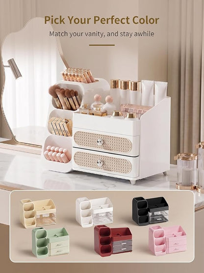 Booklov Makeup Organizer for Vanity, Large Capacity Cosmetic Display Case with Drawers, Countertop Beauty Storage Holder for Skincare, Brush Eyeliner Perfume Eyeshadow Lipsticks, Counter Desk, White