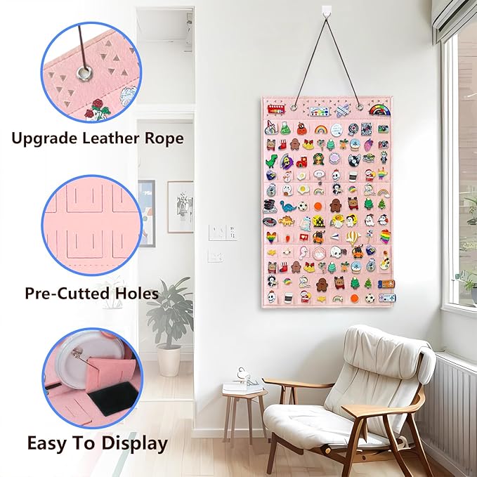 Collector Pin Board - Enamel Pin Hanging Display (96 Slots, Pink)