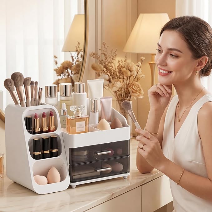 Makeup Organizer with Drawers & Brush Holder for Vanity - Organize Cosmetics Bathroom Countertop Storage Skin care Essentials Dresser, Bathroom, Office Countertop (White)