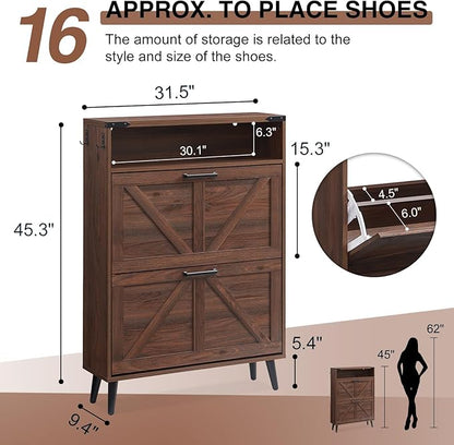 Barnyatoh Shoe Storage Cabinet,Farmhouse Shoe Organizer with 2 Flip Drawers & Barn Door Design,Freestanding Hidden Slim Narrow Shoe Rack Cabinet with Open Storage for Entryway, Foyer,Hallway, Walnut