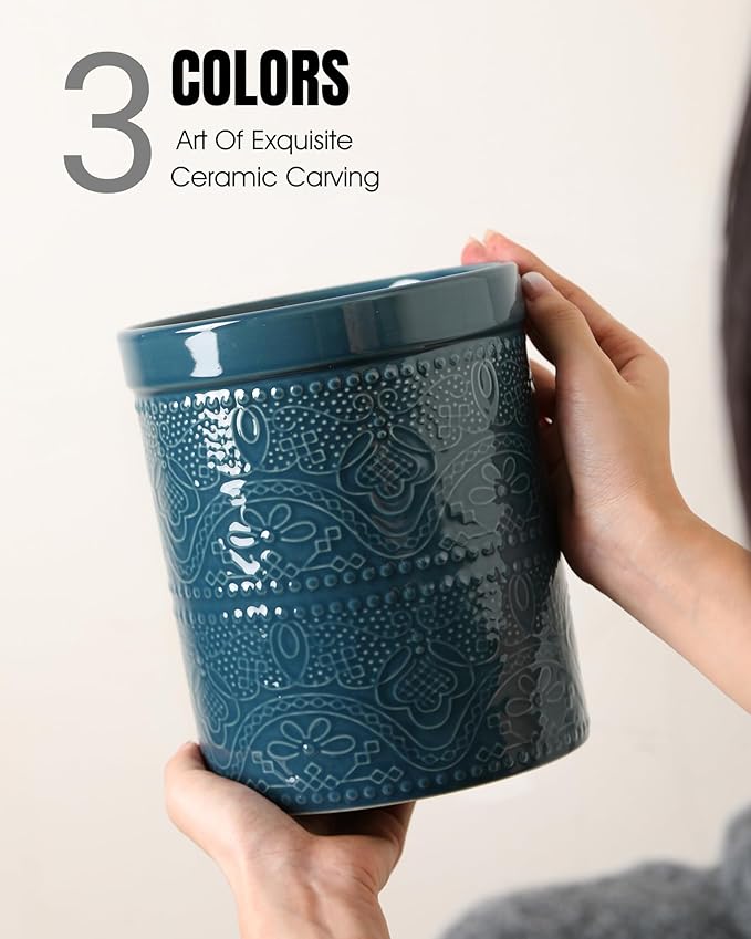 FUN ELEMENTS Kitchen Utensil Holder, 7.2+5.5" Super Large Utensil Crock Heavy and Stable Lace Emboss Ceramic Utensil Holder for Kitchen Counter(2Pcs Grayish Blue)