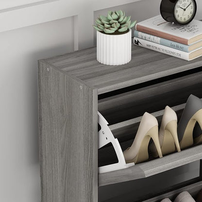 Homsee Modern Shoe Storage Cabinet with 3 Flip Drawers & Twill Louver Doors, Wood 3-Tier Shoe Rack Storage Organizer for Entryway, Hallway & Bedroom, Grey (22.4”L x 9.4”W x 42.3”H)