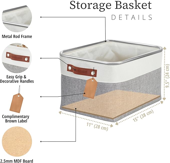 DECOMOMO Storage Bins, Large Fabric Storage Baskets for Shelves, Decorative Linen Closet Organizer, 15 x 11 x 9.5 inches (Grey & White, 1 Pack)
