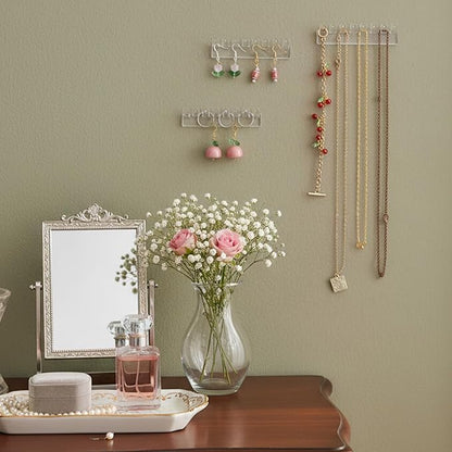 6 Pcs Necklace Holder, Hanging Jewelry Organizer, Wall Mount Jewelry Organizer with 8 Hooks, No-Drill Adhesive Hanging Racks Jewelrys Display for Rings, Earrings