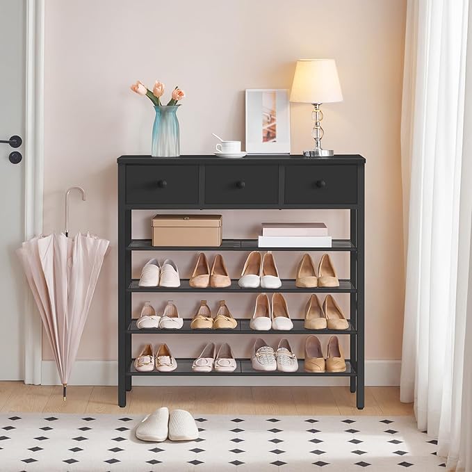 YATINEY 5-Tier Shoe Rack with 3 Drawers, Metal Shoe Organizer for 20 Pairs with Storage Shelves and Wooden Top, for Entryway, Hallway, Foyer, Closet, Black SS35BB