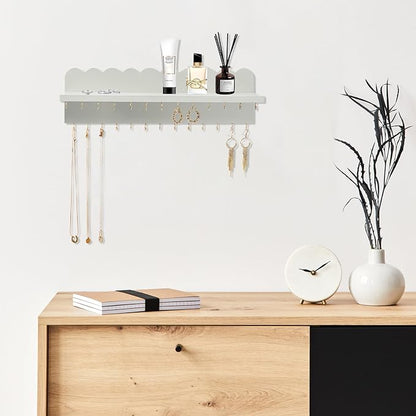 Wall Mount Jewelry Organizer with 26 Hooks and Cosmetics Shelf, Modern Wood Hanging Jewelry Holder for Necklaces, Bracelets, Earrings and Rings, Grey