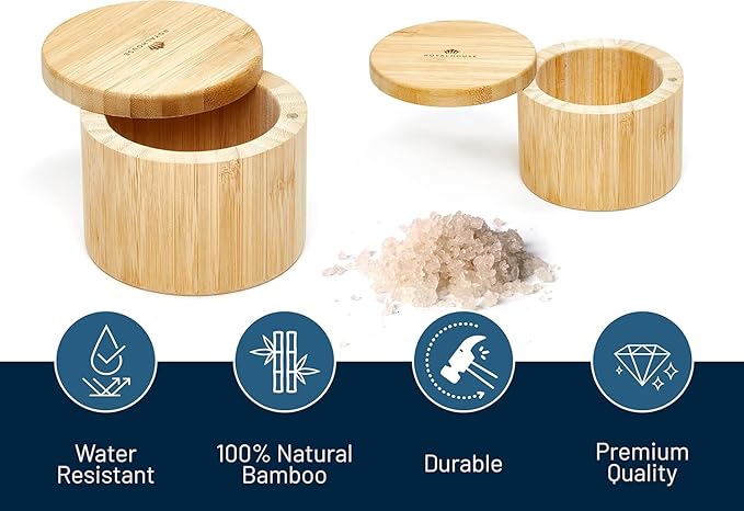 RoyalHouse Bamboo Salt Cellar Bamboo Storage Box with Magnetic Swivel Lid, 6 Ounce Capacity
