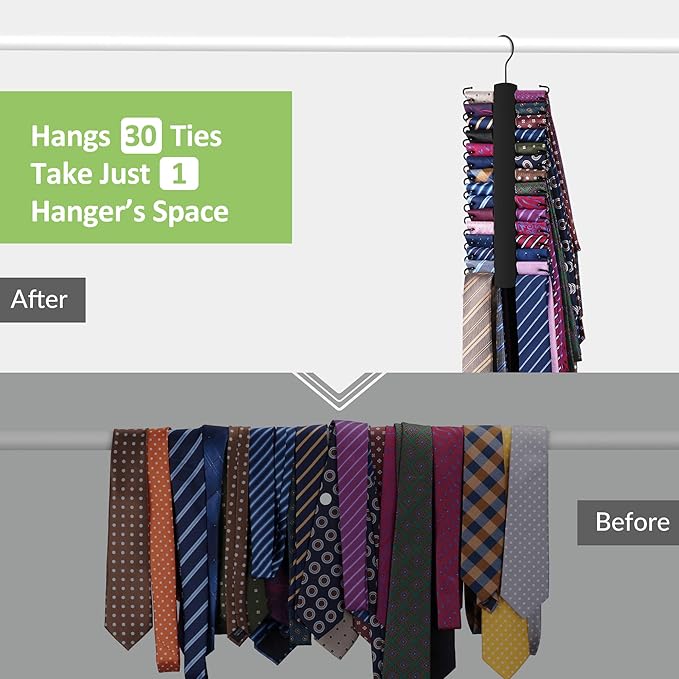 Upgraded Tie Rack Hanger for Closet with 30 Metal Hooks, Space Saving Necktie Organizer for Men, Sturdy Wooden Large Capacity Tie Holder, Closet Organizers and Storage, Black