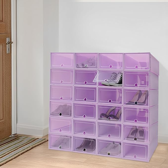 Shoe Storage Boxes Organizers, Clear Plastic Stackable 24 Pack, Shoe Rack & Holder Substitute, Sneaker Containers, Toy Storage Organizer Bins for Entryway, Closet, Under Bed, Purple