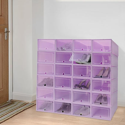 Shoe Storage Boxes Organizers, Clear Plastic Stackable 24 Pack, Shoe Rack & Holder Substitute, Sneaker Containers, Toy Storage Organizer Bins for Entryway, Closet, Under Bed, Purple