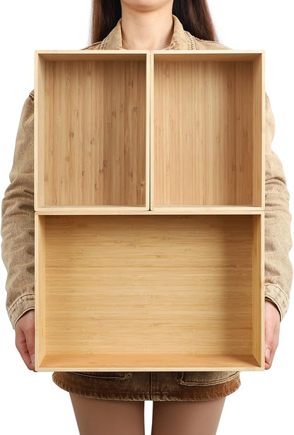BAMOTTO CRAFTBAMBOO 3-Piece Large Bamboo Storage Box Set - 7.1in High Stackable Deep-Drawer Organizer, Lidless Bamboo Bin for Kitchen Cutlery Utensils Knives (14.6"x10.2"x7.1"*1 + 10.2"x7.3"x3"*2)