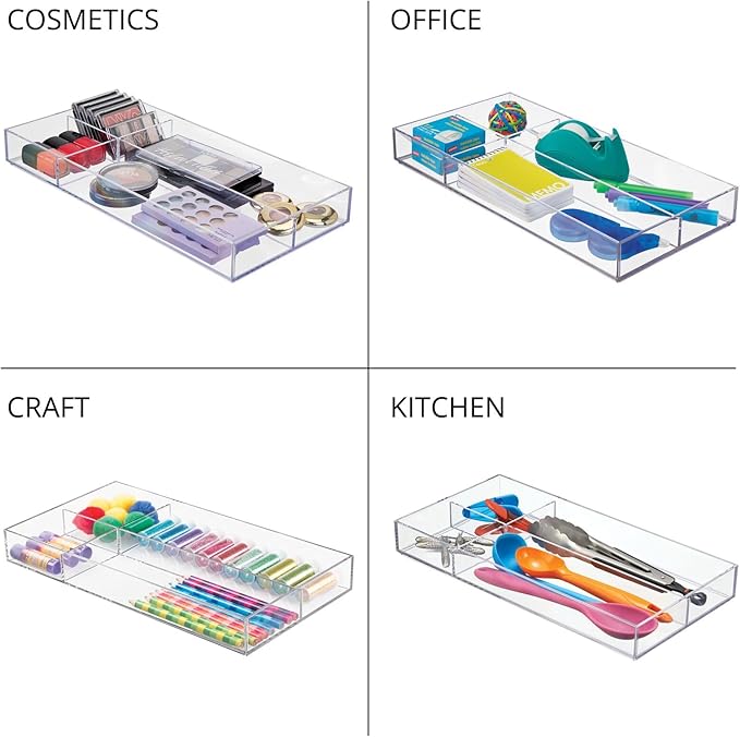 mDesign Plastic Divided Makeup Organizer Holder Tray for Bathroom Drawer, Vanity, Countertop Storage - Cosmetic Organization Holds Palettes, Brushes, Accessories - Lumiere Collection - Clear