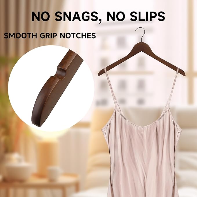 Premium Wooden Top Hangers, Heavy Duty Solid Wood Suit Hangers with 360° Swivel Hook & Anti-Slip Notches, Durable Clothes Hangers for Jackets, Coats, Shirts & Dresses(Walnut/12-Pack)