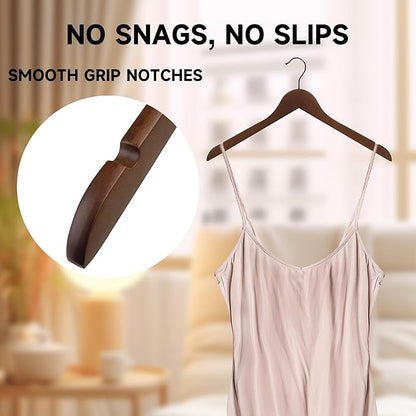 Premium Wooden Top Hangers, Heavy Duty Solid Wood Suit Hangers with 360° Swivel Hook & Anti-Slip Notches, Durable Clothes Hangers for Jackets, Coats, Shirts & Dresses(Walnut/72-Pack)