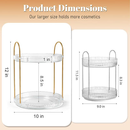360° Rotating Makeup Organizer 2 Tier Large Capacity Perfume Skincare Tray for Dresser Spinning Bathroom Counter Organizer for Vanity Lazy Susan Turntable Storage for Kitchen, Clear