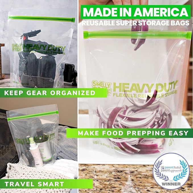 Smelly Proof BULK VALUE, 50-Pack HEAVY DUTY 5-mil Reusable Bags, Stand-Up, Expandable, Dishwasher-Safe, Odor-Proof, Durable Poly Nylon (Non-Silicone) US-Made 8.5" x 10" Quart 50pk