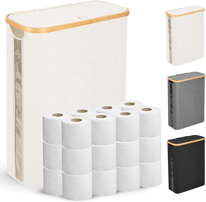 Odonata Large Toilet Paper Storage Basket with Lid, Slim Toilet Paper Organizer, Hold up to 20 Regular Rolls or 15 Mega Rolls. (Beige, 49L)