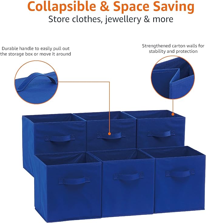 Amazon Basics Collapsible Fabric Storage Bins with Handles, Cube Organizer for Home Organization, 10.5"x10.5"x11", Navy, 6-Pack