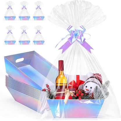 AFOROEOA 10 PACK Laser Gift Baskets for Gifts Empty, 12x10x4” Holographic Iridescent Gift Basket Kit with 10 Bows & 10 Bags - Large Empty Gift Baskets to Fill for Christmas, Weddings, Birthdays, Holiday Gifting Hampers