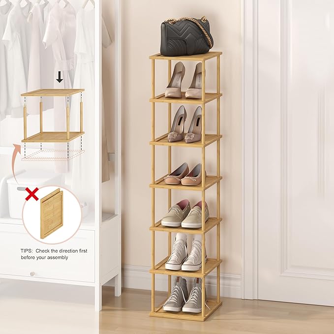 MHXW SXPN Bamboo Free Standing Shoe Rack Shelf Multi Tier Tall Wooden Stackable Shoes Rack Organizer for Closet Front Door Entrance Narrow Vertical Shoe Storage (Bamboo, 7 Tiers)