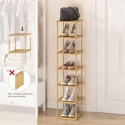 MHXW SXPN Bamboo Free Standing Shoe Rack Shelf Multi Tier Tall Wooden Stackable Shoes Rack Organizer for Closet Front Door Entrance Narrow Vertical Shoe Storage (Bamboo, 7 Tiers)