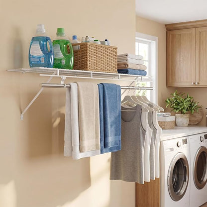 COSTWAY Closet Shelves Wall Mounted, Closet Shelf with Hanging Rod, Ventilated Metal Wire Shelving Kit, Wire Wall Shelf for Laundry Room, Bedroom, Home, Mounting Accessories Included (4 ft x 12 in)