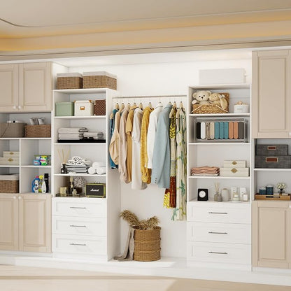 Closet System with 6 Drawers & 8 Shelves, Wood Closet Organizer System with 2 Extra Hanging Rod for Walk in Closet, Modular Closet Organizer System White(4FT)