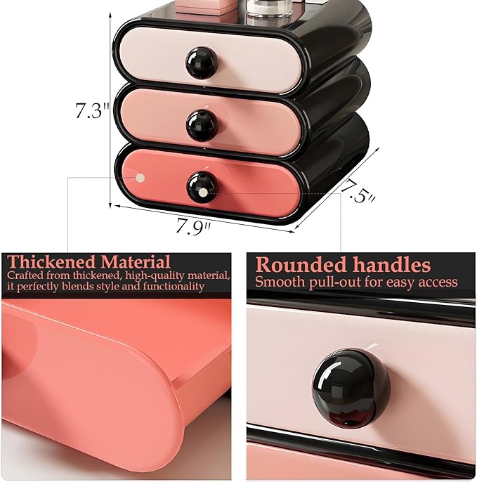 3-Tier Drawer Makeup Organizer for Vanity Small Desk - Non-Stackable Cosmetic Storage Holder for Bathroom Counter & Office Desktop -7.9x7.5x7.3in(Gradient Pink)