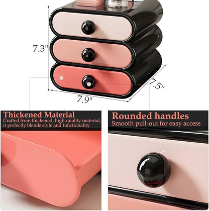 3-Tier Drawer Makeup Organizer for Vanity Small Desk - Non-Stackable Cosmetic Storage Holder for Bathroom Counter & Office Desktop -7.9x7.5x7.3in(Gradient Pink)