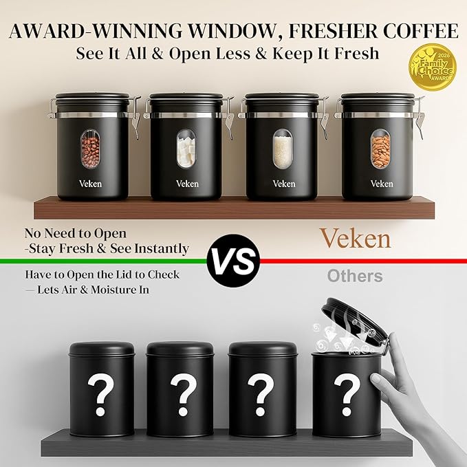 Veken Coffee Canister with Window, Family Choice Awards Winner, Airtight Stainless Steel Home Kitchen Food Storage Container with Lids for Grounds, Beans, Tea, Flour,Cereal,Sugar Jars,Scoop,16OZ,Black