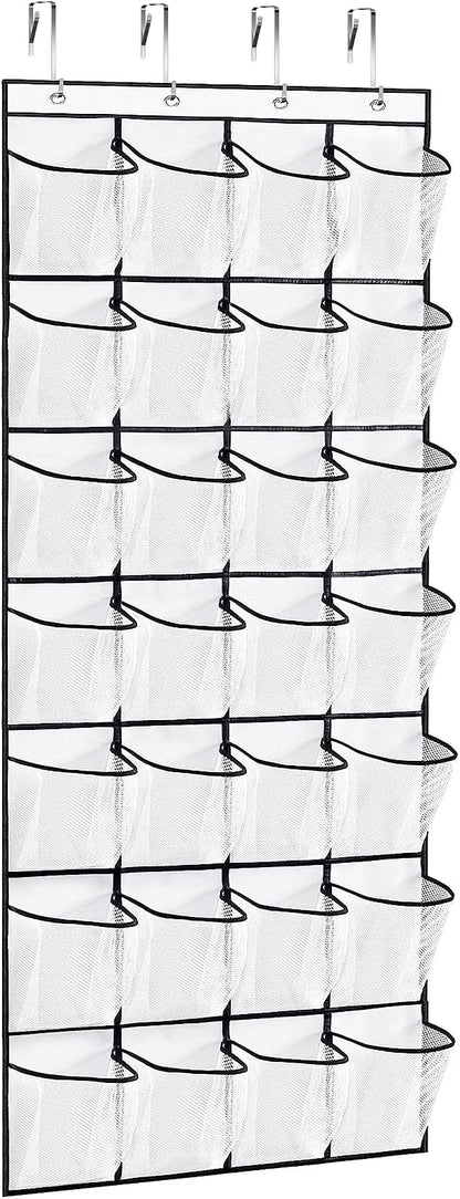 VOPTON 28Large Pockets Over The Door Shoe Organizer, Hanging Shoe Organizer for Closet, Premium Clear Shoe Rack for Door, Shoes Hanger Organizers Storage Holder for Back of Door and 4Metal Hook White