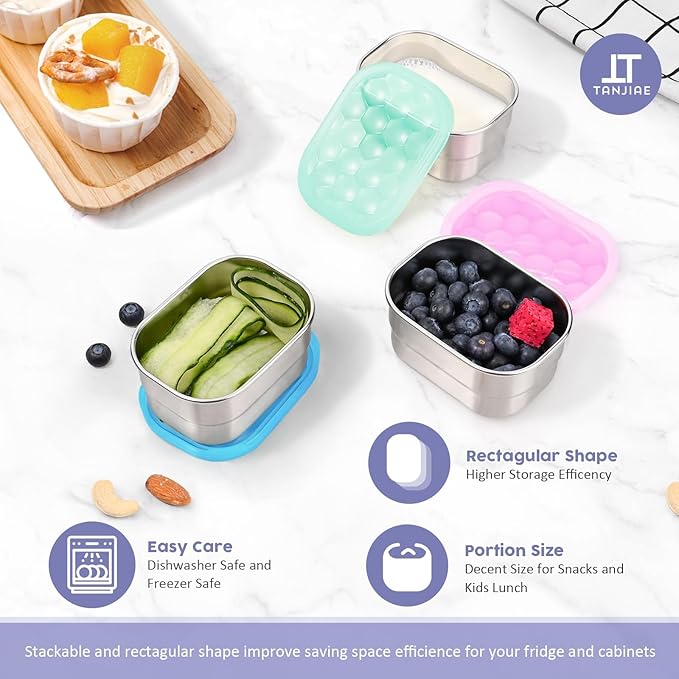 Tanjiae Snack Pro - Small (1 CUP) Stainless Steel Snack Containers for Kids | Easy Open Leak Proof Food Containers with Silicone Lids - Perfect Metal Toddler Lunch Box for Daycare and School (8oz)