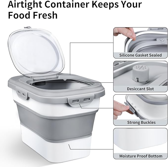 Komzon Rice Storage Container, Collapsible Airtight Food Storage Containers 6-20 Lbs, Rice Dispenser with Measuring Cup and Small Bin for Flour Cereal Pasta Grain, Cat Pet Dog Bird Food Container