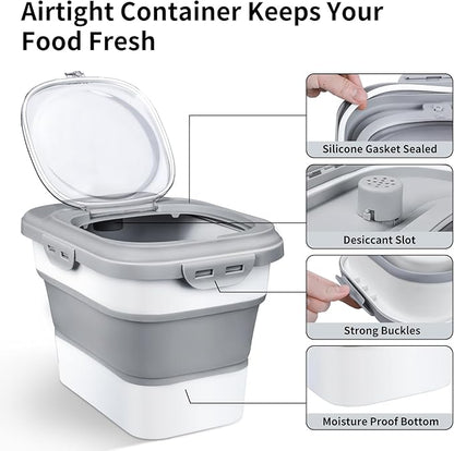 Komzon Rice Storage Container, Collapsible Airtight Food Storage Containers 6-20 Lbs, Rice Dispenser with Measuring Cup and Small Bin for Flour Cereal Pasta Grain, Cat Pet Dog Bird Food Container