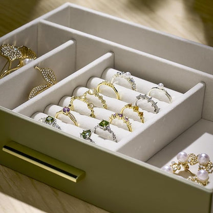 Jewelry Box Organizer Case for Women: 3-Layer Jewelry Storage Case with Glass Window, Olive Green Leather with Cream Velvet, Holder for Ring Necklace Bracelet Brooch Watch, Great Gift for Her