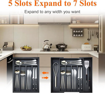 Bamboo Kitchen Drawer Organizer Tray Black Expandable Spoon Silverware Organizer Large Utensil Holder Drawers Divider Adjustable Cutlery Flatware Organizers for Drawer Wood Utensil Silverware Tray