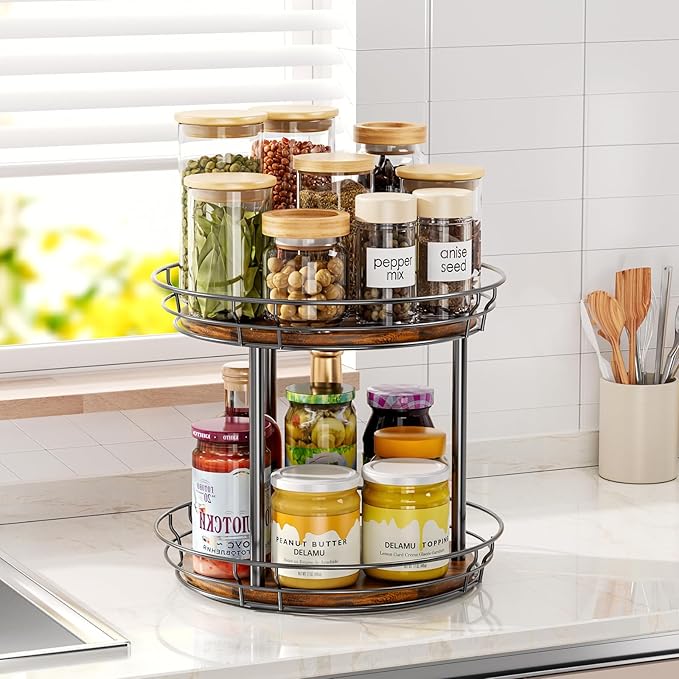 LAMU 12'' Lazy Susan Turntable Organizer, 2 Tier Round Rotating Spice Rack Organization for Kitchen Cabinet and Countertop, Wooden Lazy Susan for Table Top, Pantry, Bathroom, Vanity, Home Decor