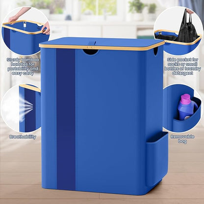 BlissTotes Laundry Basket with Lid, 150L Clothes Laundry Hamper with Handles and 2 Removable Laundry Bag, Breathable Design Hamper with Lid for Bedroom, Bathroom, Dorm, Laundry Room - Blue