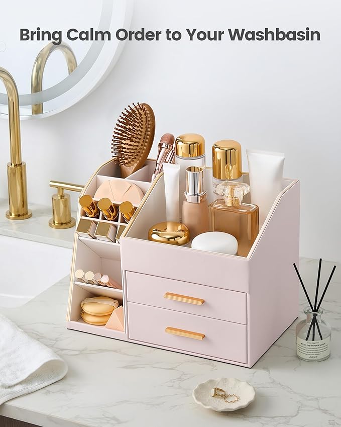 Lolalet Makeup Organizer Countertop with Drawers, Easy to Clean PU Leather Storage Box, 3-Layer Cosmetic Holder for Skincare, Lipstick, Perfume & Brush, Display Case for Vanity Dresser Bathroom -Pink