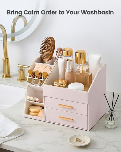 Lolalet Makeup Organizer Countertop with Drawers, Easy to Clean PU Leather Storage Box, 3-Layer Cosmetic Holder for Skincare, Lipstick, Perfume & Brush, Display Case for Vanity Dresser Bathroom -Pink