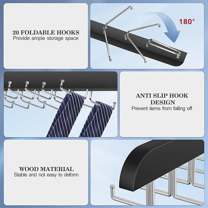 Tie Rack Hanger for Closet 20 Foldable Hooks, 2 Pack Wooden Non Slip Large Capacity Space Saving Tie and Belt Organizer with 360° Rotating Hooks for Tank Tops Bras Scarves Hat