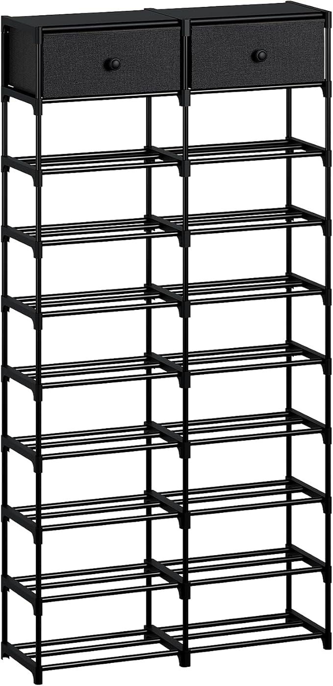 Tall Shoe Rack, 10 Tier Shoe Rack Organizer with 2 Large Drawers, Shoe Storage for 36-40 Pairs, Sturdy Metal Shoe Shelf Shoe Stand for Closet Entryway, Black Grey
