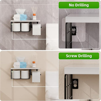 VITVITI Toilet Paper Holder with Shelf, Wall Mounted Toilet Paper Storage Basket, Wood Metal Toilet Roll and Wipes Holder for Bathroom Farmhouse (White)