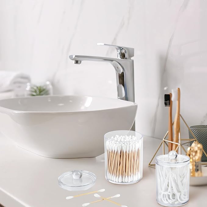 Clear Bathroom Organizer with Lid - 2-Pack Cotton Ball and Cotton Swab Storage Tins for Vanity Storage